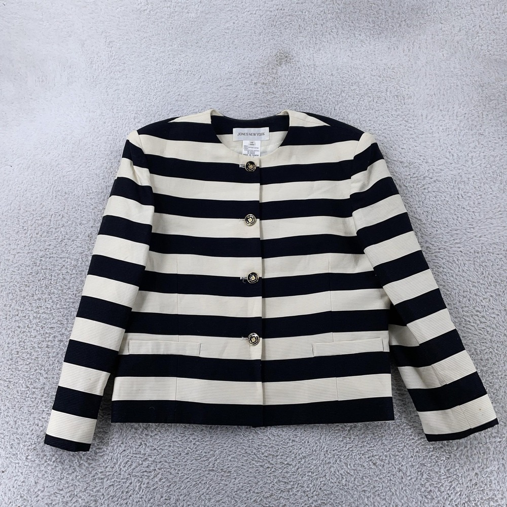 Jones New York Blazer Womens‎ 16 Navy White Striped Gold Buttons Nautical